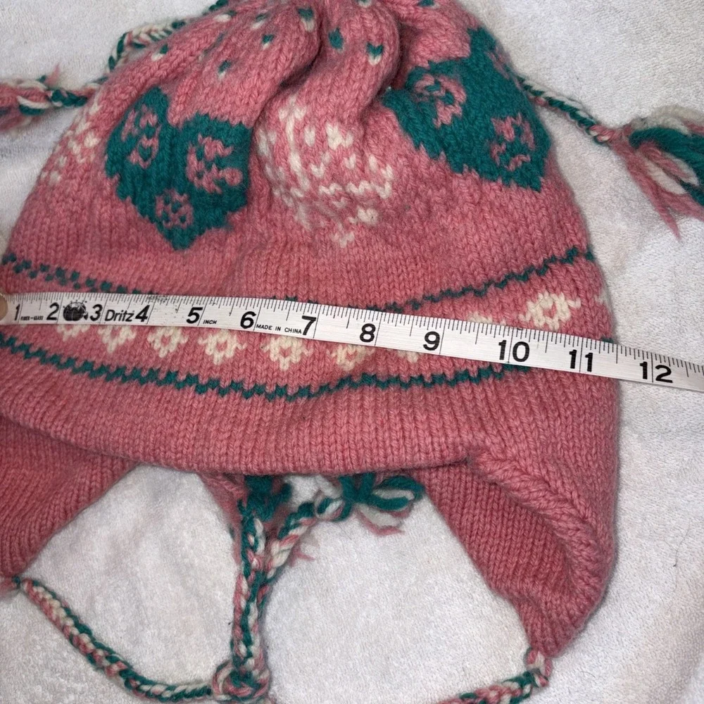 Cottagecore Wool Heart Side Tie Pink Beanie Cute Coquette Ski Hat Handmade